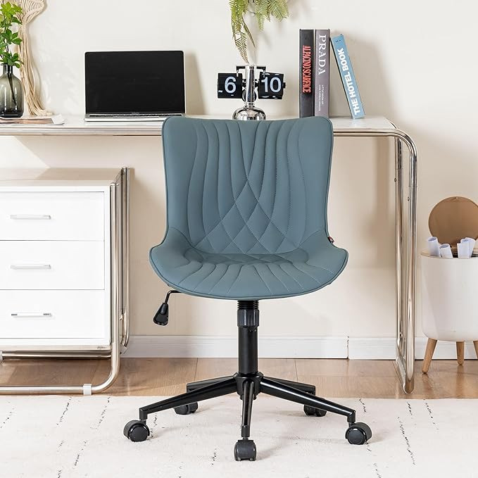 YOUNIKE Office Chair Armless Desk Chair with Wheels, Home Office Computer Task Chair, Modern Faux Leather Upholstered Vanity Chair, Adjustable Swivel Rolling Office Chairs, Slate Blue