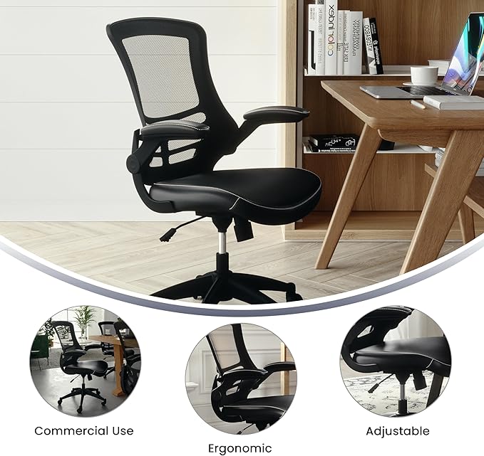 Flash Furniture Kelista Mid-Back Swivel Office Chair with Adjustable Seat Height, Ergonomic Mesh Desk Chair with LeatherSoft Seat, Black