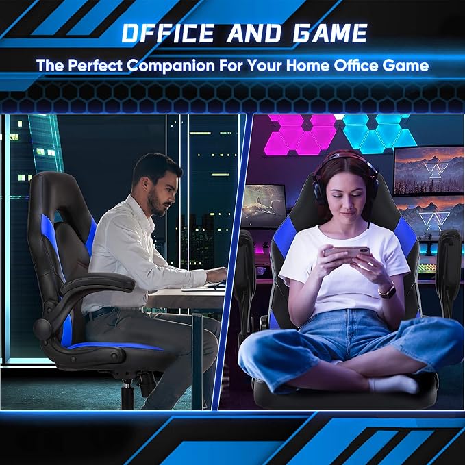 NEWBULIG Computer Gaming Desk Chair - Big Tall Ergonomic Lumbar Support with Flip-up Armrest and 360° Swivel Wheels, PU Leather Height Adjustable, for Home and Office, Blue