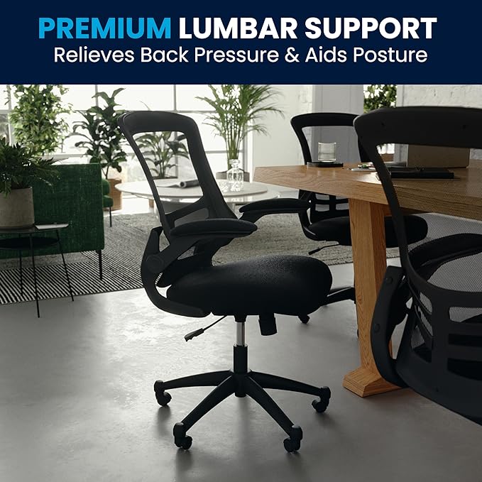 Flash Furniture Kelista Mid-Back Swivel Office Chair with Adjustable Seat Height, Ergonomic Mesh Desk Chair with Flip-Up Armrests, Black