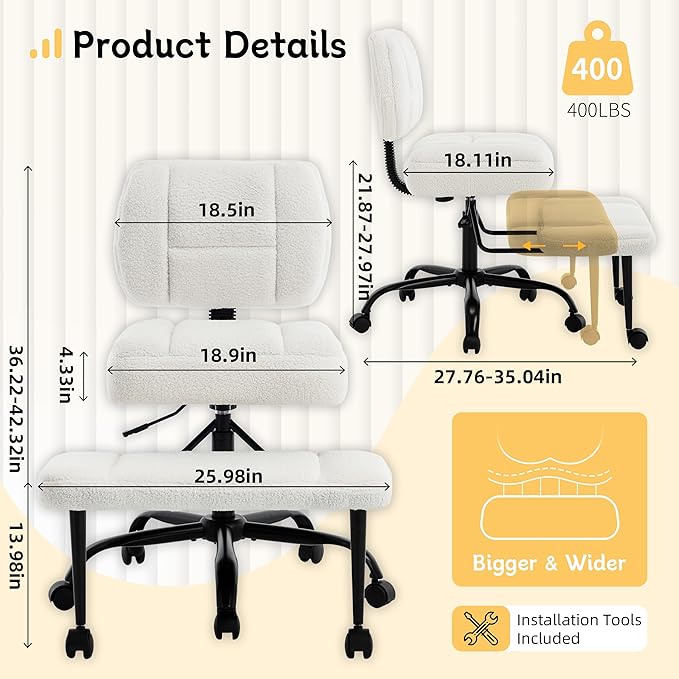Criss Cross Legged Office Chair with Wheels,Swivel Meditation Chair for ADHD,Ergonomic Desk Chair with Thicken Adjustable Footstool,Fabric Sitting Fidgeting Kneeling Chair for Home Yoga Offwhite