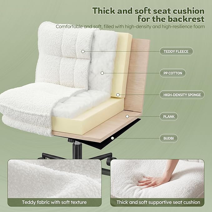 Criss Cross Chair with Wheels, 7" Extra Thick Cross Legged Office Chair, Height Adjustable Swivel Design for Home Office, Study & Vanity,White