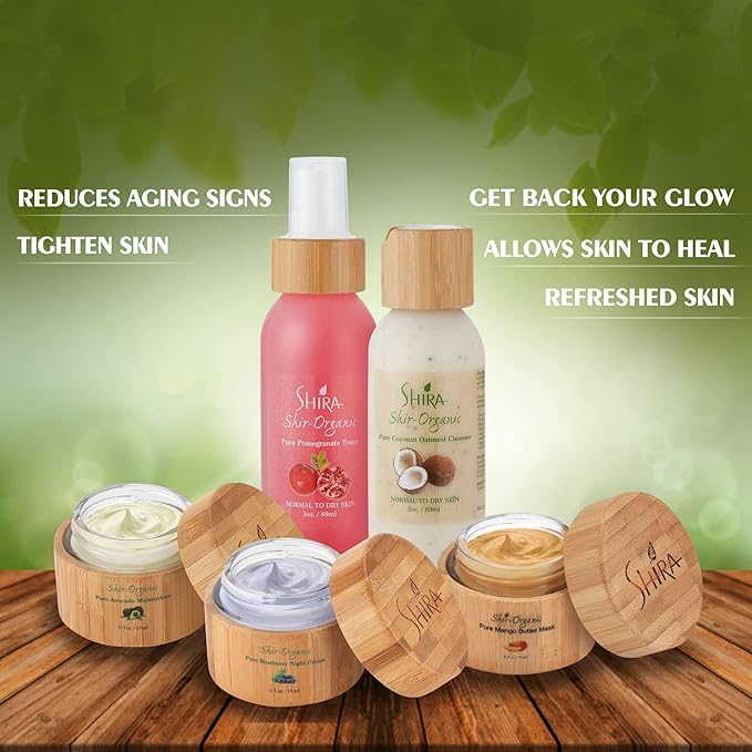 Shira Organic–Face Essentials Combo Of Avocado moisturizer 15ml, Blueberry night cream 15ml, Pomegranate Toner 89ml, Mango Butter Mask 15ml, Coconut Oatmeal Cleanser 89ml,Skin Care Essentials