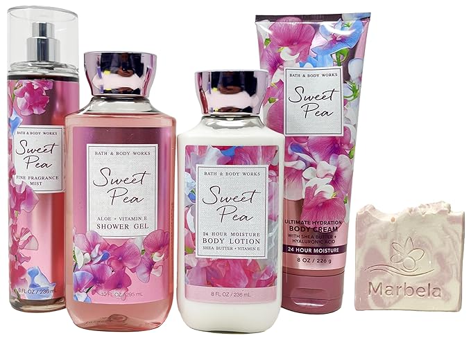 Bath & Body Works Sweet Pea Deluxe Gift Set - Fine Fragrance Mist, Shower Gel, Body Lotion and Body Cream with a Himalayan Salts Springs Sample Bar Soap