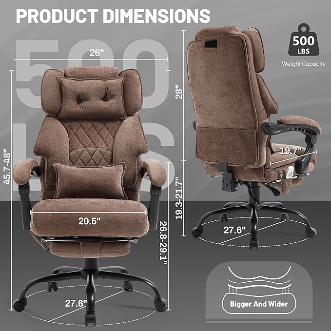 Massage Office Chair with Foot Rest,6 Points Vibration & Heat Executive Office Chairs for Heavy People,500LBS Big and Tall Office Chair,Ergonomic Reclining Desk Chair,Dual-Use Pillow,Home Office,Brown