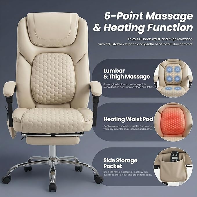 Massage Office Chair Set of 2 with 3-Level Heat and Footrest – 20-Min Easy Assembly, 300 lbs Big and Tall Desk Chair, PU Leather Ergonomic Executive Computer Chair with Side Pocket, Beige