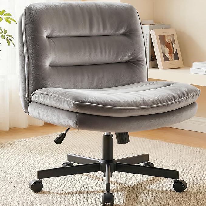 GTPLAYER Cross Legged Office Chair, Armless Desk Chair Cute Vanity Chair with Wheels Computer Chair Comfy Wide Office Chair Adjustable Swivel for Home Computer Task,Velvet Grey