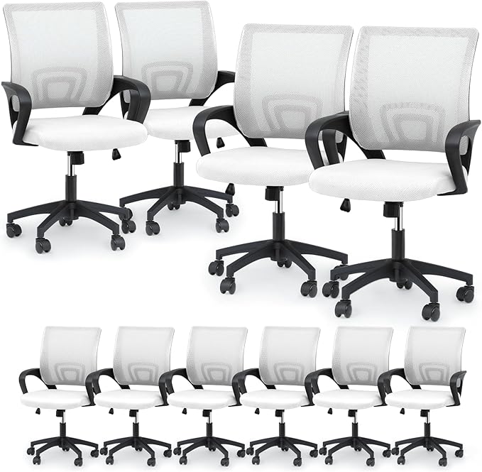 Magshion Ergonomic Office Chair 10 Pack, Mid-Back Mesh Desk Chair, Adjustable Swivel Computer Chair with Lumbar Support & Breathable Backrest for Gaming, Work, Study, 300 Lbs Capacity, White