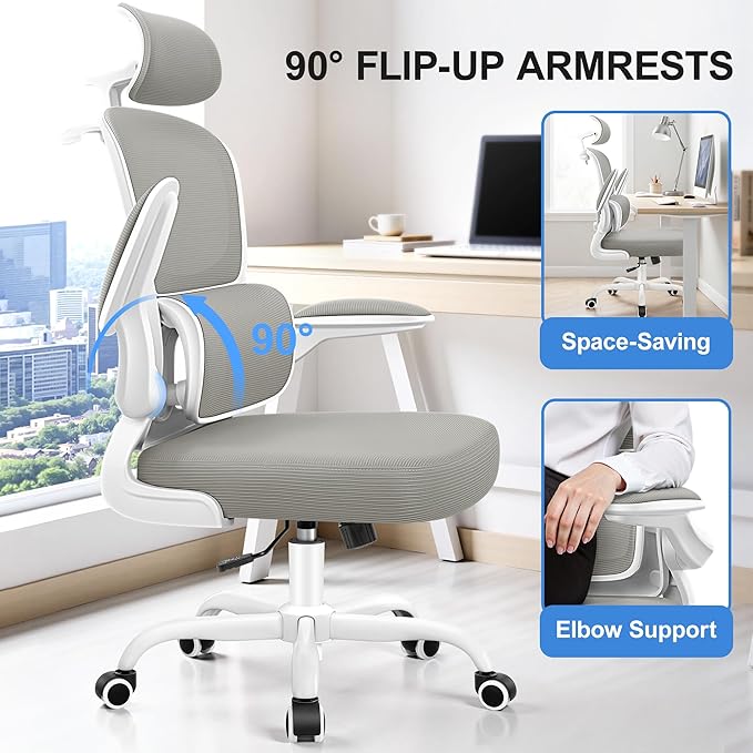 Ergonomic Office Chair, Mesh Desk Chair with Lumbar Support, High Back Home Office Chair with Adjustable Headrest and Flip-Up Arms, Comfortable Computer Chair, Thick Cushion, 300 LBS, LightGray