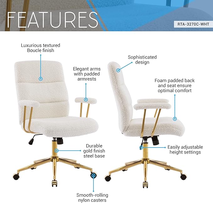 Elegant White and Gold Fuzzy Office Chair with Textured Boucle Fabric, Modern Desk Chair with Padded Seat, Height Adjustable with Durable Gold Base