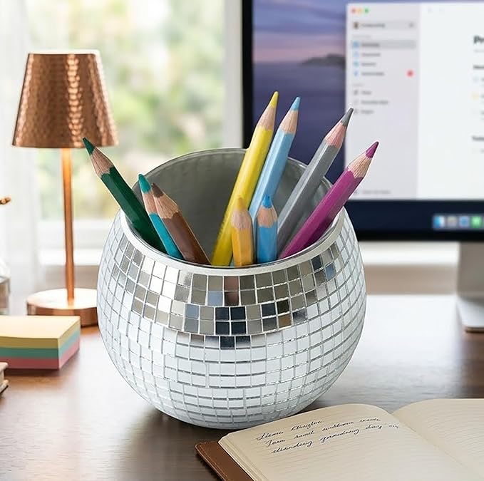 2 Pack Glass Disco Ball Makeup Brush with Smooth Grouting - Premium Mirror Mosaic Pencil Cup for Desk, Cute Pen Holder, Aesthetic Room Decor Gift (silver)