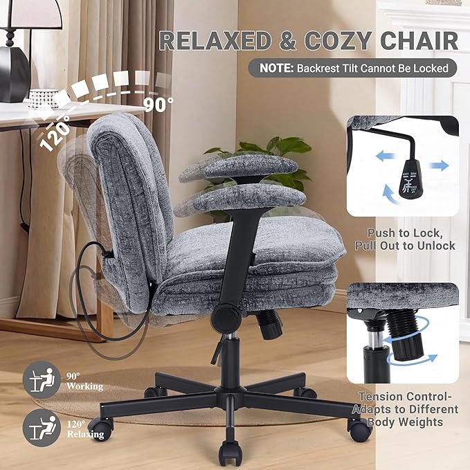 Criss Cross Chair with Wheels and Flip Arms, Upholstered Cross Legged Office Chair with 3 Layer Cushions&Dynamic Airbag Lumbar Support, Wide Seat Comfy Desk Chair for Home Office, Living Room, Grey