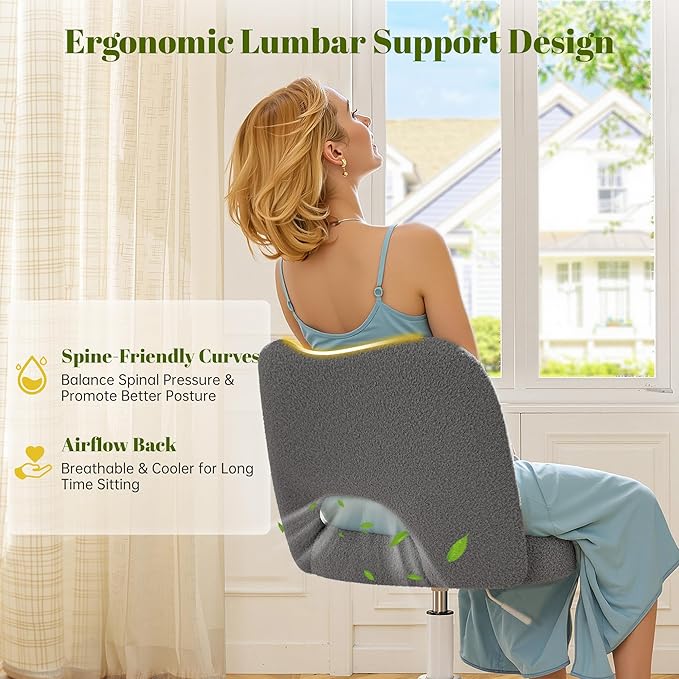Vanity Chair with Wheels Armless, Cute Vanity Chair with Back,Ultra-Plush Fleece Cute Desk Chair, Small Office Chair Height Adjustable,for Make-up Room,Bedroom,Grey