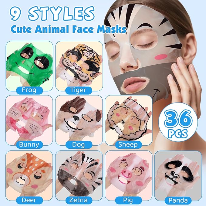 36 Pack Cute Animal Kids Face Mask, Sheet Collagen Moisturizing Face Mask for Girls Teens, Easter Basket Stuffers, Bulk Spa Party Gifts and Birthday Gifts