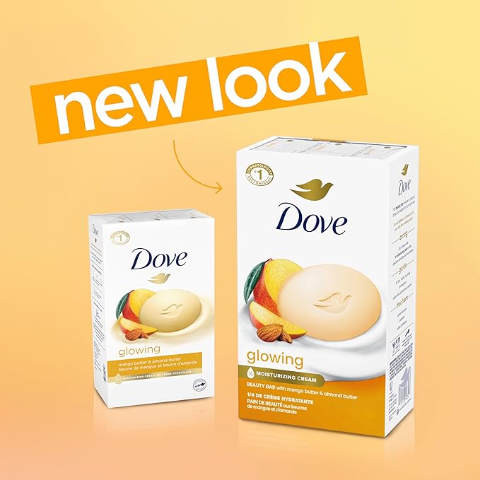 Dove Beauty Bar Soap Glowing Mango & Almond Butters,for Radiant Skin,Illuminates Skin 3.75 oz,(Pack of 16)