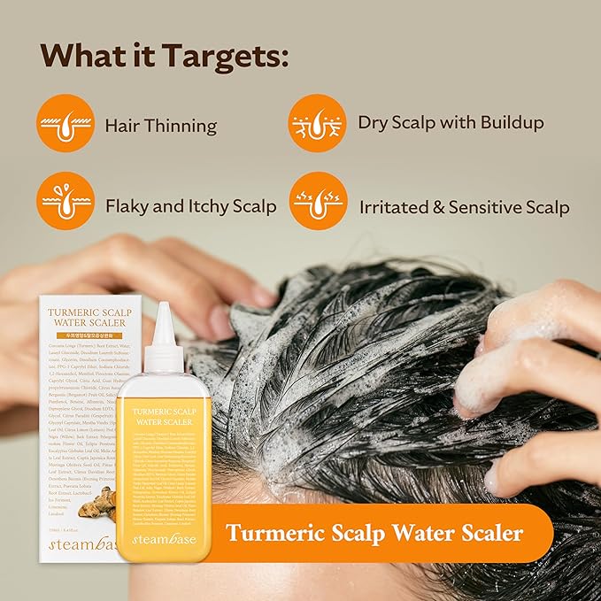 STEAMBASE Turmeric Scalp Water Scaler | Scalp Exfoliator for Itchy Dry Scalp, Thinning Hair, Buildup Remover, Treatment for Excess Sebum Oily Greasy Hair | Korean Hair Care Products, 8.45 fl oz