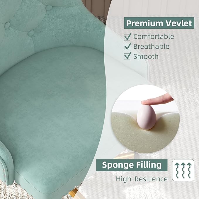 Westice Velvet Desk Chairs, Upholstered Swivel Comfy Makeup Vanity Chair with Tufted Back, Gold Metal Base & Wheels, Height Adjustable Chair for Girls, Bedroom Living Room, Mint Green
