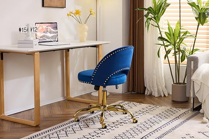VINGLI Modern Velvet Small Office Chair,Cute Desk Chair with Wheels,Gold Base/Studs, Comfy Armless Swivel Vanity Task Chair for Women/Girl/Kids, Nail Tech Chair for Bedroom,Small Space,Navy Blue