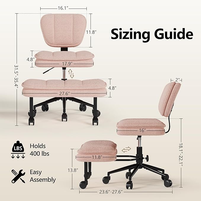 AODAILIHB Ergonomic Cross Legged Office Chair with Pull-Out Stool, 360° Swivel Teddy Fabric Meditation Chair with Wheels, Height Adjustable Kneeling Chair with Lumbar Support for Home Office, Pink