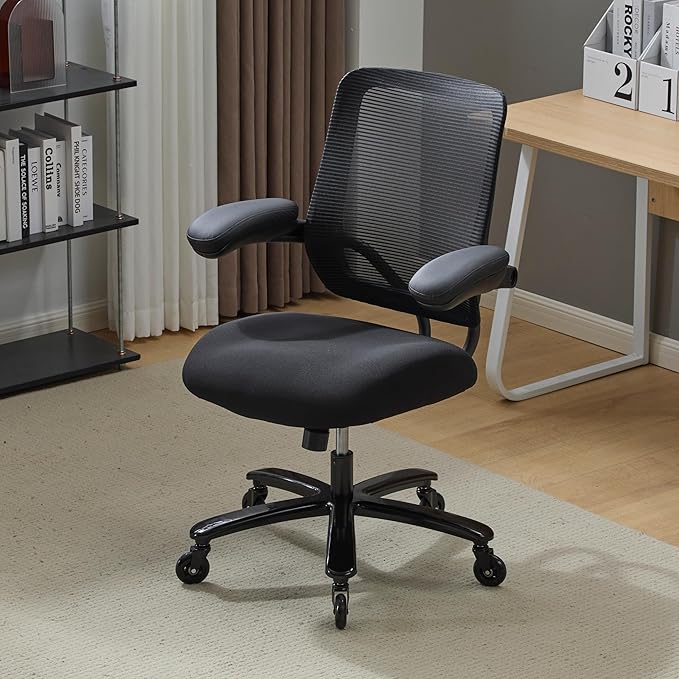 500LBS Big and Tall Office Chair with Flip-Up Armrests, Heavy Duty Office Chair for Heavy People, Memory Foam Seat Filling Springs, Black