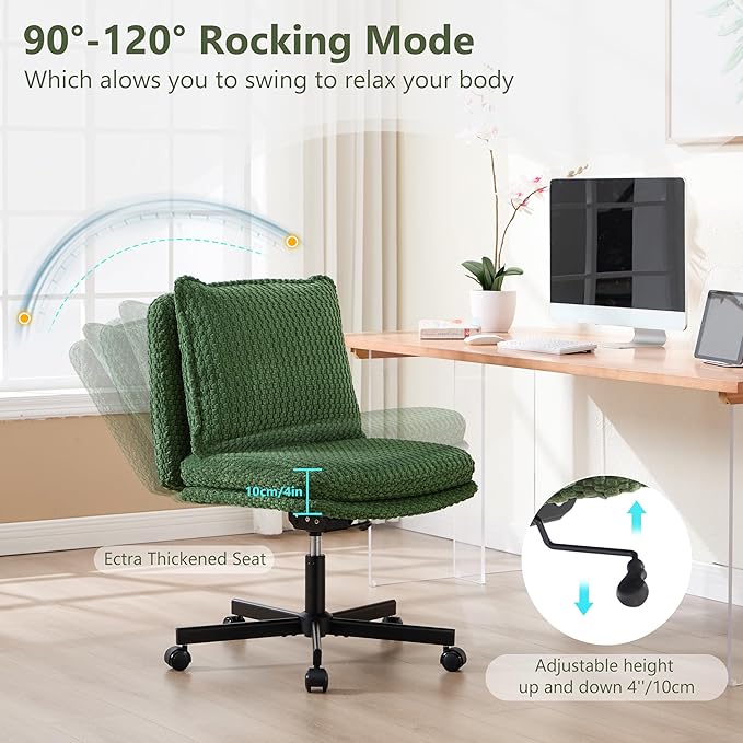 Fizzin Criss Cross Chair,Armless Cross Legged Chair with Wheels,Memory Foam Seat Office Desk Chair with Flipable Back Cushion,Mid Back Swivel Chair for Home Office,Bedroom Vanity (Green)