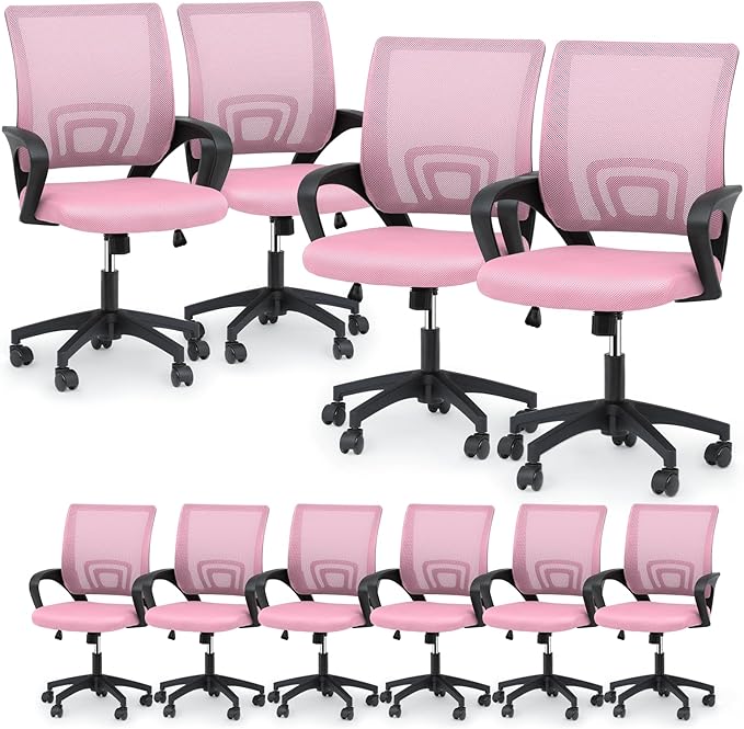 Magshion Ergonomic Office Chair 10 Pack, Mid-Back Mesh Desk Chair, Adjustable Swivel Computer Chair with Lumbar Support & Breathable Backrest for Gaming, Work, Study, 300 Lbs Capacity, Pink