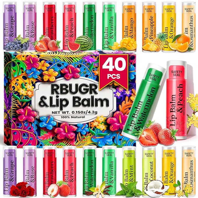 40 Pack Lip Balm - 12 Flavored Beeswax Moisturizing & Soothing Natural Lip Balms in Bulk Set for Women, Gifts Stocking Stuffers Party Favors (4.2g/0.15oz)