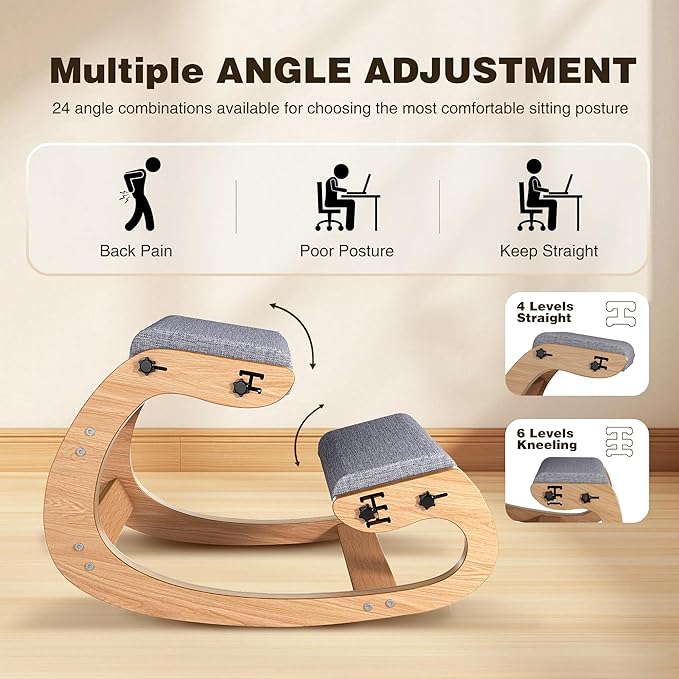 Ergonomic Kneeling Chair with Wooden Frame - Adjustable Height Office Chair with Soft Padding for Back Pain Relief, Posture Correcting Home & Office Desk Chair Wood