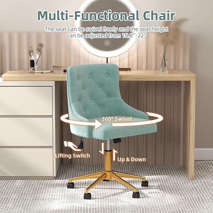 Westice Velvet Desk Chairs, Upholstered Swivel Comfy Makeup Vanity Chair with Tufted Back, Gold Metal Base & Wheels, Height Adjustable Chair for Girls, Bedroom Living Room, Mint Green