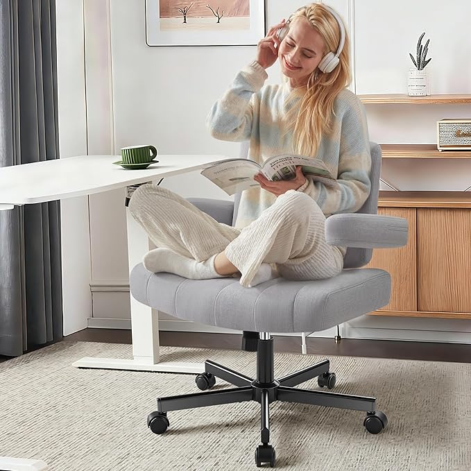 Criss Cross Chair with Wheels - Wide Seat Cross Legged Office Chair with Flip-up Arms - Comfy Swivel Rolling Desk Chair with Thick Cushion and Rocking Function for Home Office Vanity Bedroom