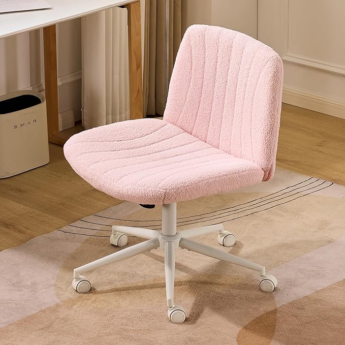 VINGLI Criss Cross Legged Chair,Wide Comfy Office Desk Chair,Dual-Use with/no Wheels Computer Task Chair,Swivel Armless Vanity Boucle Chair for Study,Make Up,Home Office,Teddy Fleece,Pink