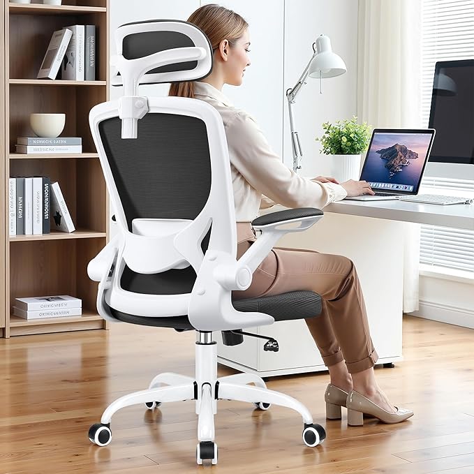 Office Chair Ergonomic Desk Chair, Breathable Mesh Office Chairs with Adjustable Lumbar Support, Flip-Up Arms, Computer Desk Chair Comfy for Home Office, White