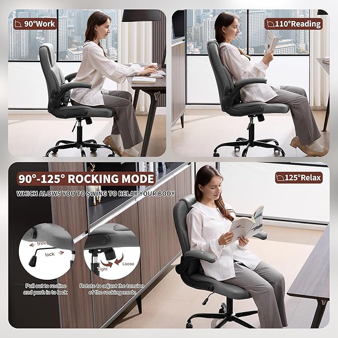 Executive Office Chair PU,Leather Office Chair with Wheels,360° Swivel Rolling Chair with Padded Arms,Ergonomic Computer Chair with Lumbar Support for Short People Use (Grey)