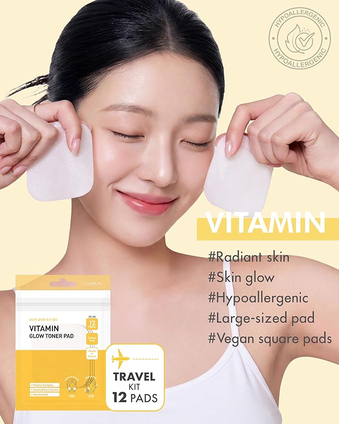 DERMAL Vitamin Toner Pad - Korean Toner Pad for Skin Glow & Vitality Improvement with Vitamin C - Vegan Pure Cotton Square Pads - Travel Kit 12 ea, 3 Pack (Total 36 ea)
