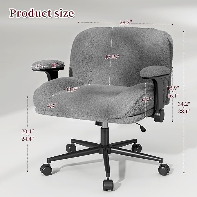 Cross Legged Office Chair with Flip-Up Arms, Wide Criss Cross Chair with Wheels & Extra-Deep Seat Thickened for Home Office, Vanity, Apartment Dorms,Plush Cushion,Comfy,Grey