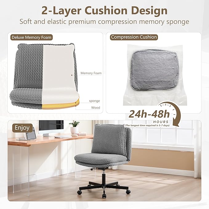 Fizzin Criss Cross Chair,Armless Cross Legged Chair with Wheels,Memory Foam Seat Office Desk Chair with Flipable Back Cushion,Mid Back Swivel Chair for Home Office,Bedroom Vanity (Grey)