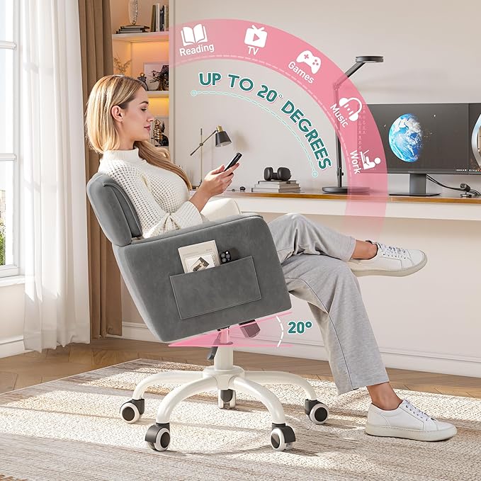 Home Office Chair with Wheels Soft-Touch Material,Modern Cute Vanity Chair with Back Adjustable Height Upholstered Comfy Desk Chairs with Side Pockets for Bedroom,Grey