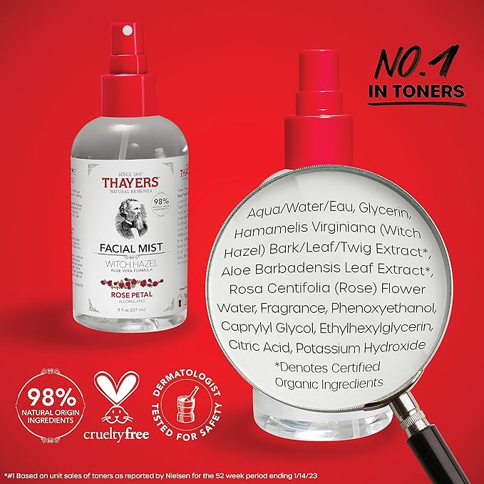 THAYERS Alcohol-Free Rose Petal Witch Hazel Facial Mist Toner, 3 Ounce + Trial Size Unscented Witch Hazel Facial Mist with Aloe Vera Toner, 3 Ounce