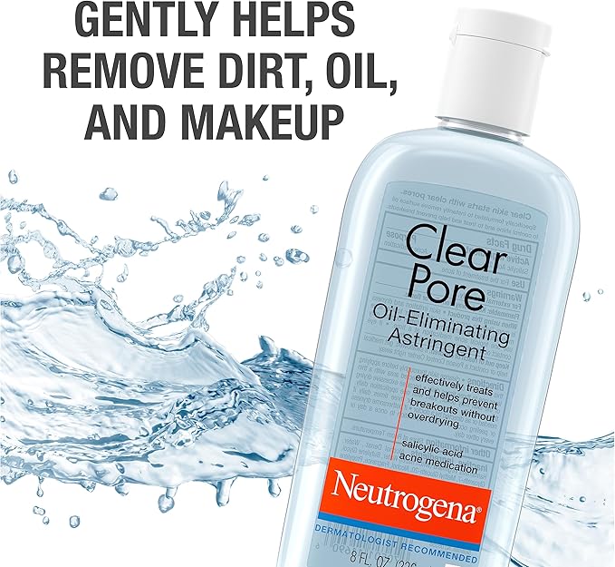 Neutrogena Clear Pore Oil-Eliminating Facial Astringent with 2% Salicylic Acid Acne Medication and Witch Hazel, Pore Clearing Treatment for Acne-Prone Skin, Helps Control Shine, 8 fl. oz, 6 Pack