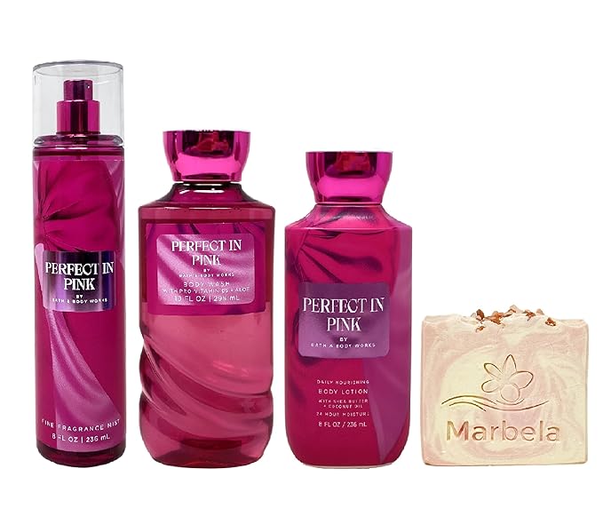 Bath & Body Works Perfect In Pink Trio Gift Set - Fragrance Mist - Body Wash and Body Lotion - with a Himalayan Salts Springs Bar Soap - Full Size