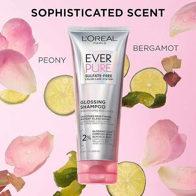 L'Oreal Paris Glossing Sulfate Free Conditioner with Glycolic Acid, Hair Care for Lasting Shine and Smoothness for Dull, Dry Hair, EverPure, 6.8 Fl Oz