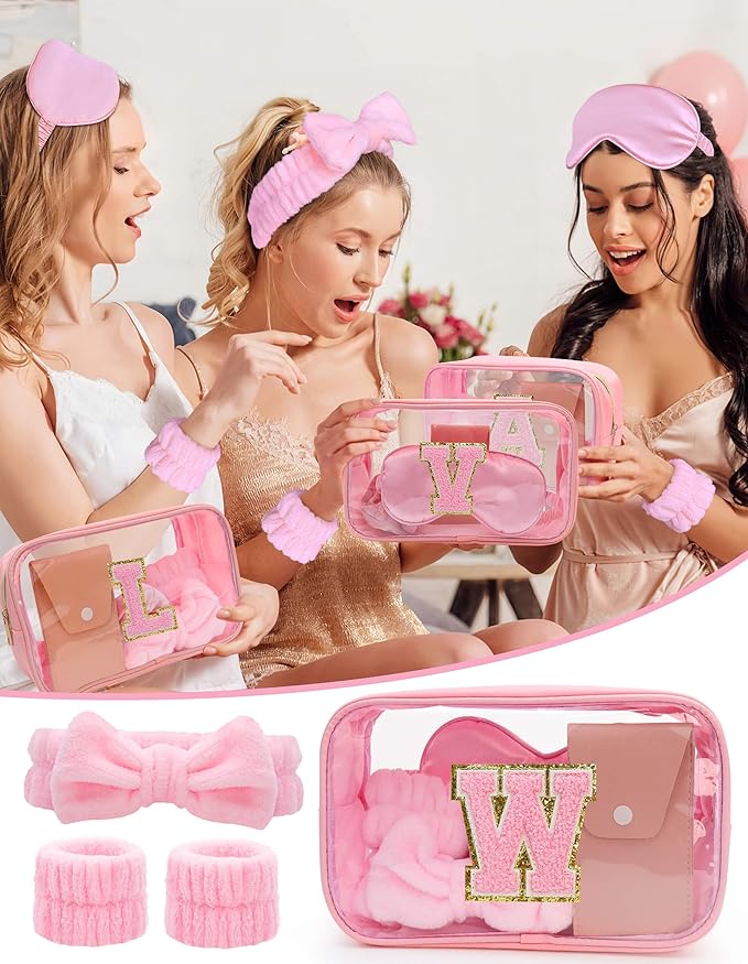 Gift Sets for Women, Initial Makeup Bag with Makeup Brush Set Bachelorette Party Favors, Pink Spa Kit with Skincare Headbands Wrist Bands Sleepover Party Supplies Gifts for Teen Girls Bridesmaid W