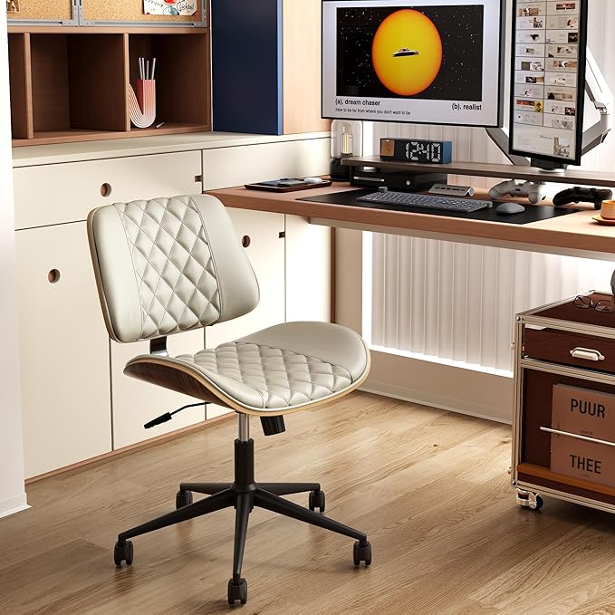 Home Office Chair No Arms with Wheels, Armless Adjustable Height Small Desk Chair, Armless PU Leather Computer Chair Mid Back 360 Swivel, Modern Walnut, Reading Meeting Room (White)
