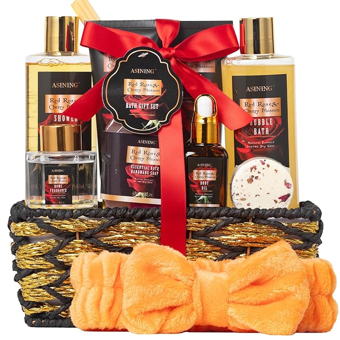 Luxury 14 pcs Cherry Blossom & Rose Bath and Body Basket Gift, Face Skin Care Kit, Home Spa Self Care, Relaxing Care Kit, Birthday, Christmas, Mother, Bridal Shower, Anniversary