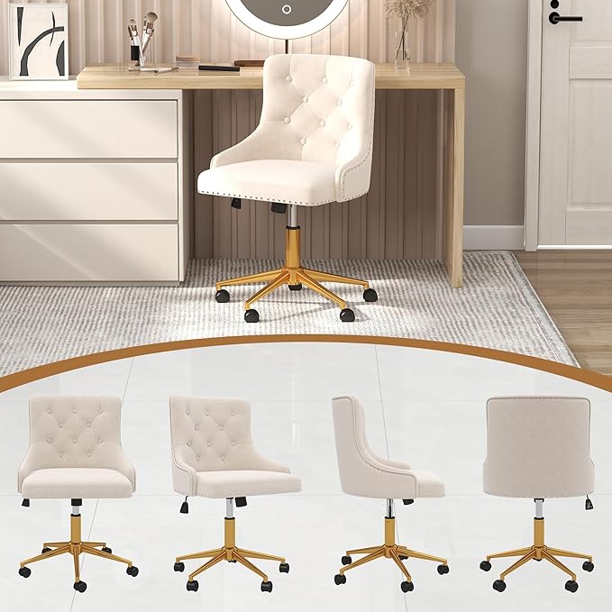 Westice Velvet Desk Chairs, Upholstered Swivel Comfy Makeup Vanity Chair with Tufted Back, Gold Metal Base & Wheels, Height Adjustable Chair for Girls, Bedroom Living Room, Beige