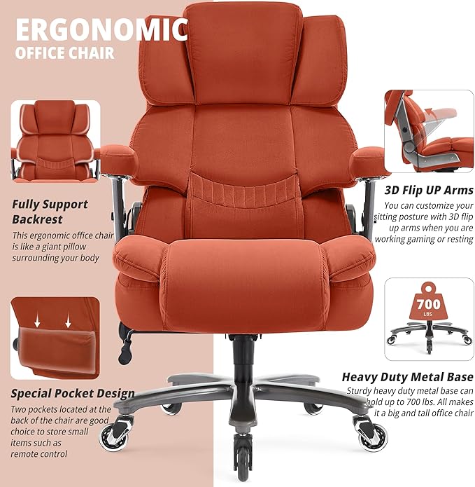 Big and Tall Office Chair 700lbs- Fabric High Back Executive Computer Chair with Adjustable Lumbar Support 3D Flip Arms Plus Size Rubber Wheels- Extra Wide Large Desk Chairs, Heavy Duty Metal Base
