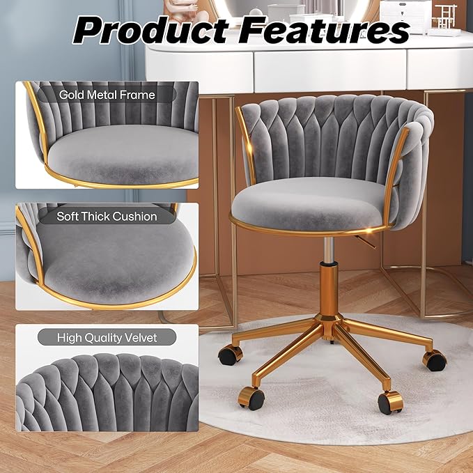 Velvet Woven Home Office Chair, Modern Swivel Desk Chair with Wheels, Height Adjustable Vanity Chair with Gold Metal Base and Hand Weaving Back for Bedroom Study Small Space, Gray