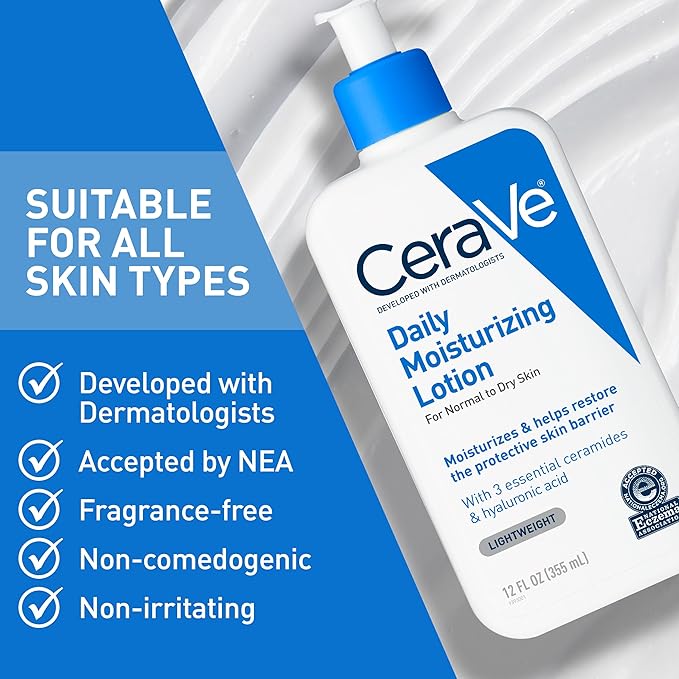 CeraVe Daily Moisturizing Lotion for Dry Skin, Body Lotion & Face Moisturizer with Hyaluronic Acid and Ceramides, Daily Moisturizer, Fragrance Free, Oil-Free, 12 Ounce