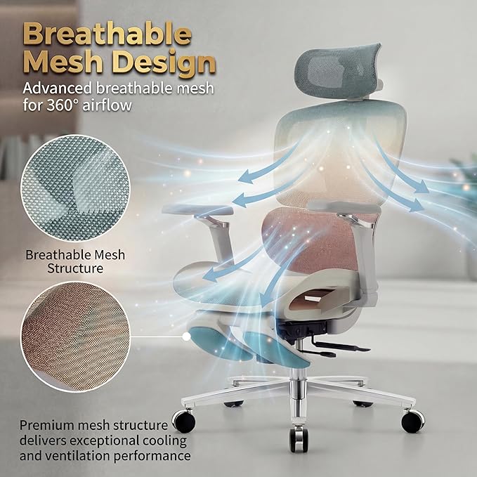 Ergonomic Office Chair with Footrest & Massage Lumbar Support – Adjustable Seat Depth & Back Height Reclining Big and Tall 400LBS Mesh Chair, 4D Headrest & 6D Armrests, for Home Office(Gray Rainbow)
