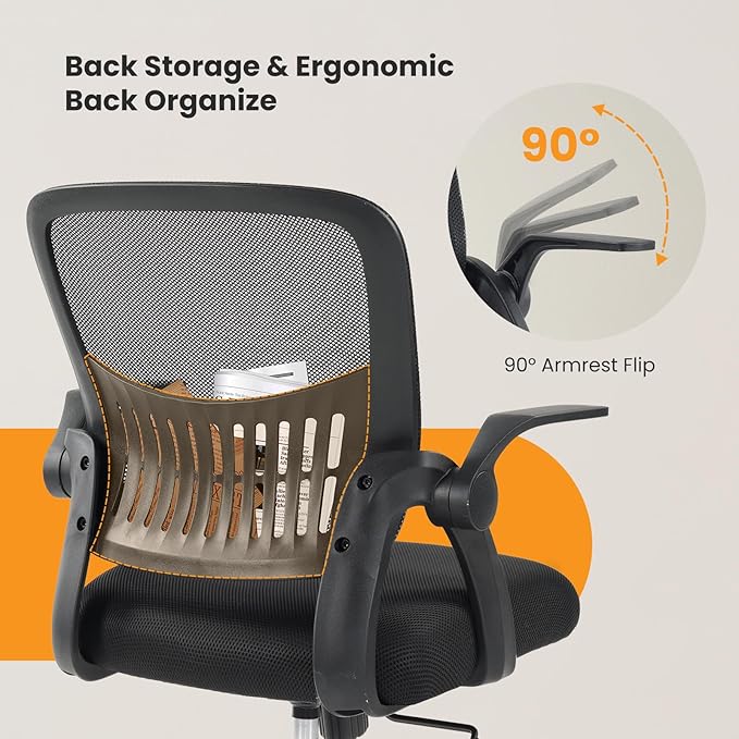 NEWBULIG Office Chair - Ergonomic Desk Chair with Lumbar Support, Mesh Computer Executive Rolling Chairs, Swivel Task Chairs with Wheels, Comfy Flip-up Arms for Bedroom, Study, Student Black